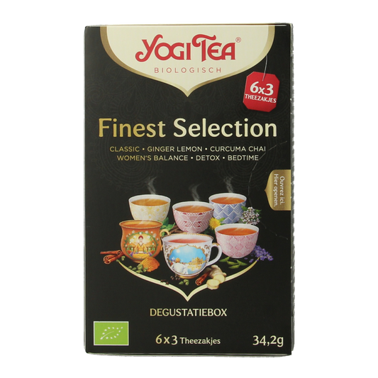 Yogi Tea Finest Selection box with 6 packages of 3 organic tea bags each, featuring a variety of herbal and tea blends.