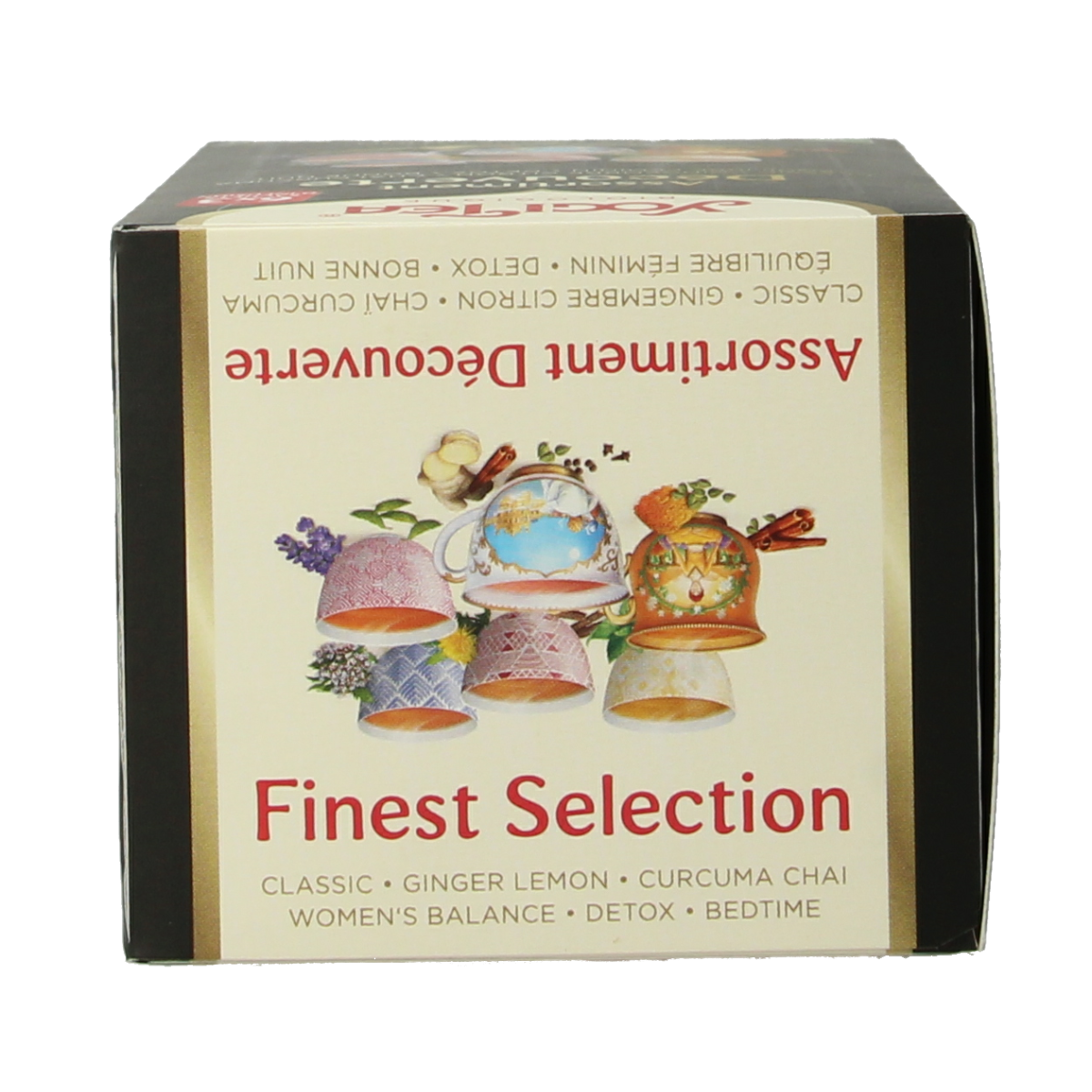 Yogi Tea Finest Selection box with 6 packs of 3 organic tea bags, showcasing colorful packaging and tea infuser.