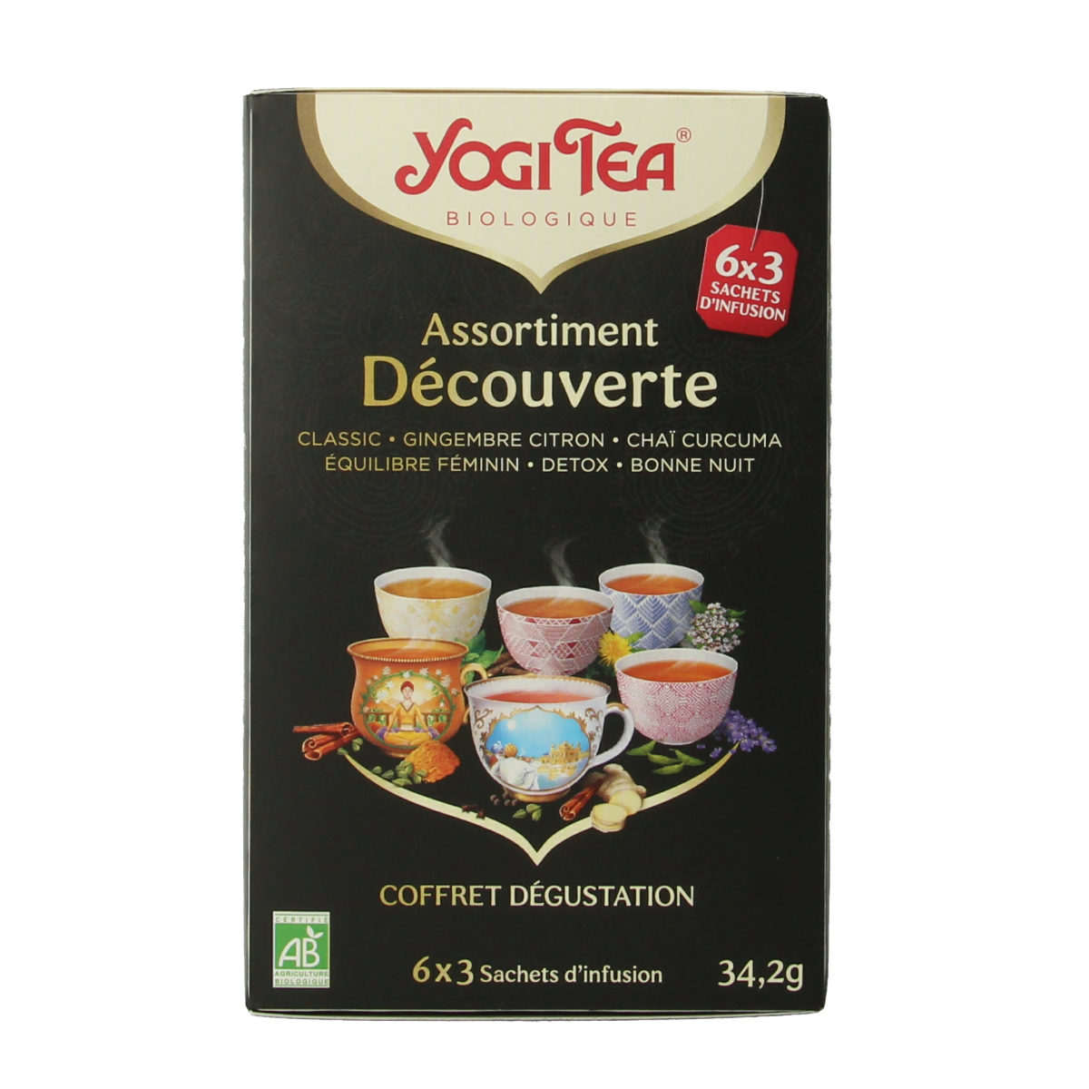 Yogi Tea Finest Selection, 6 packs of 3 organic tea bags each, showcasing various herbal and specialty tea blends.