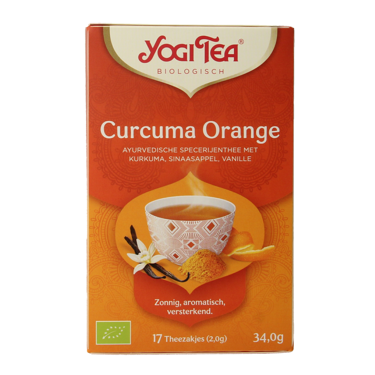 Yogi Tea Curcuma Orange bio tea box with 17 tea bags, featuring vibrant orange and turmeric imagery on the packaging.