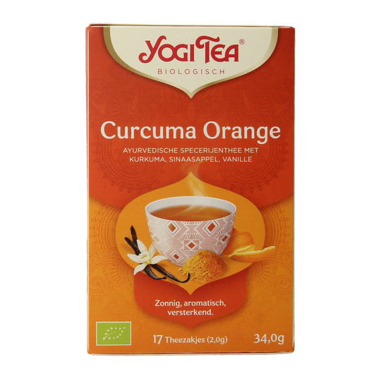 Yogi Tea Curcuma Orange bio tea box with 17 tea bags, featuring vibrant orange and turmeric imagery on the packaging.
