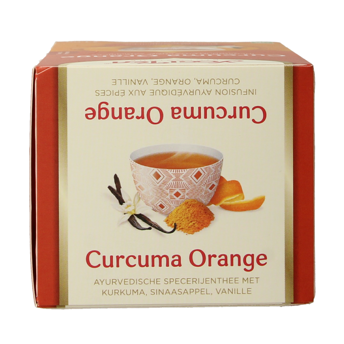 Yogi Tea Curcuma Orange bio tea in a box, featuring turmeric and orange flavors, with 17 tea bags in the packaging.
