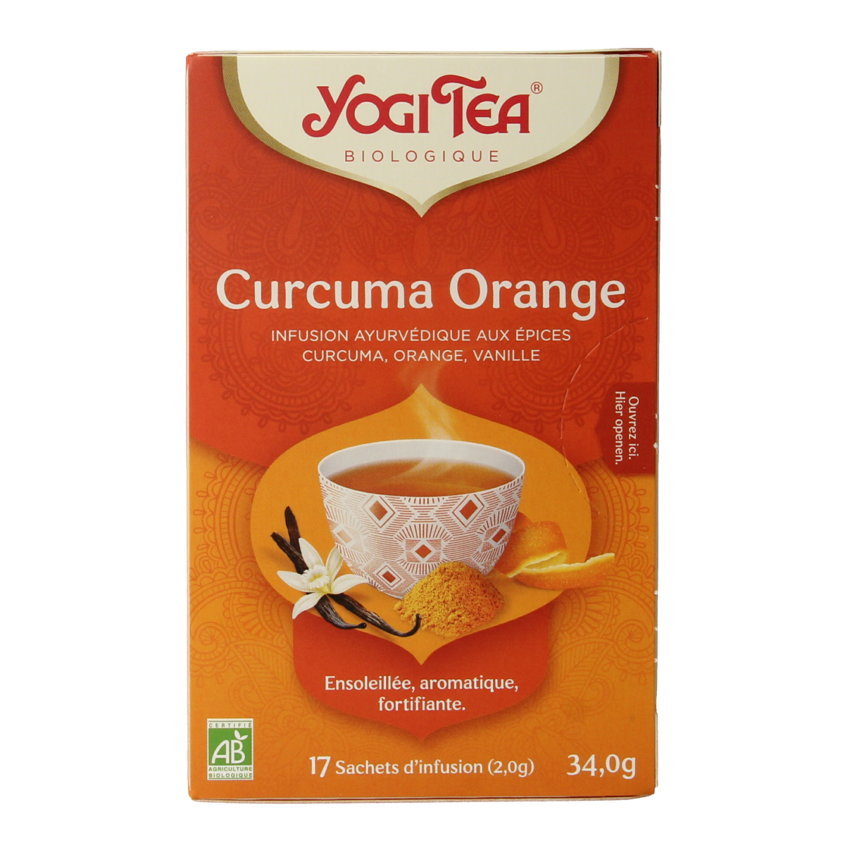 Yogi Tea Curcuma Orange bio in 17 tea bags, featuring vibrant orange and turmeric flavor, in a colorful box.