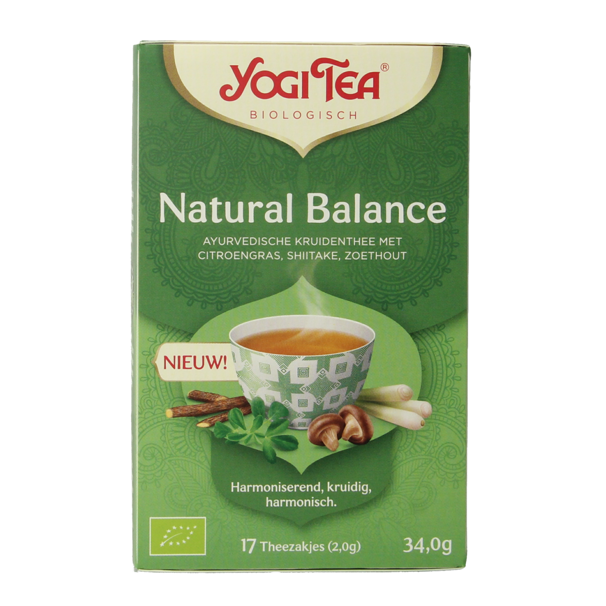 Yogi Tea Natural Balance bio tea box with 17 organic tea bags, featuring herbal and wellness ingredients in a colorful package.