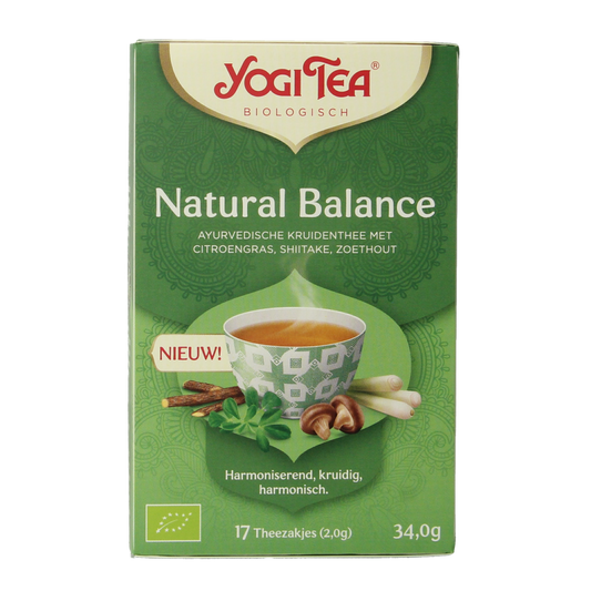 Yogi Tea Natural Balance bio tea box with 17 organic tea bags, featuring herbal and wellness ingredients in a colorful package.