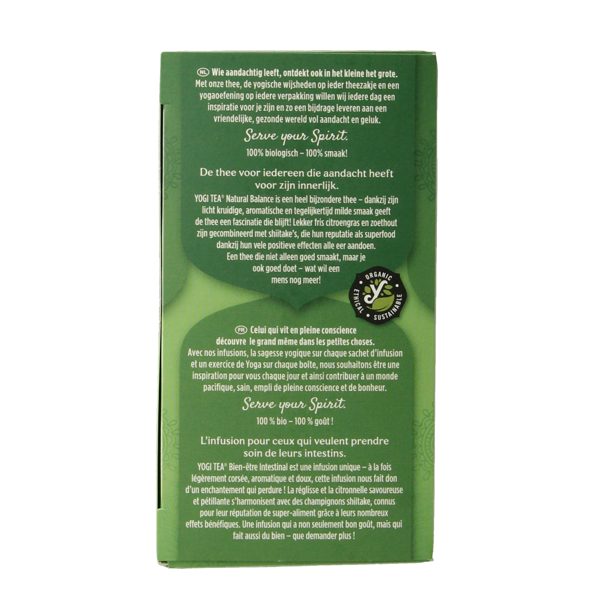 Yogi Tea Natural Balance bio tea in 17 tea bags, featuring a box with tea leaves and herbal ingredients on the packaging.
