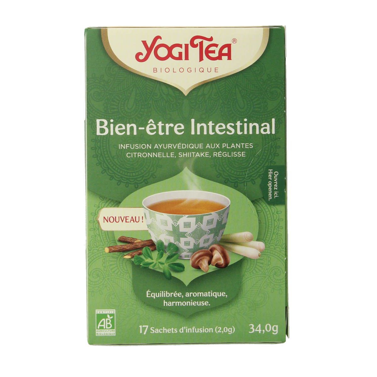 Yogi Tea Natural Balance bio box with 17 tea bags, featuring herbal and wellness ingredients in a colorful packaging.