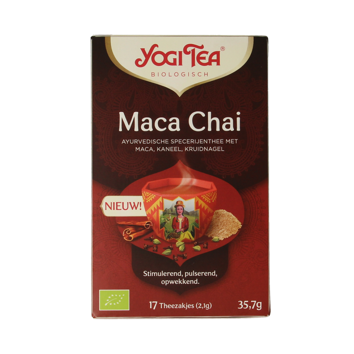 Yogi Tea Maca Chai bio tea bags, organic herbal tea with maca flavor, shown in a box with 17 tea sachets.