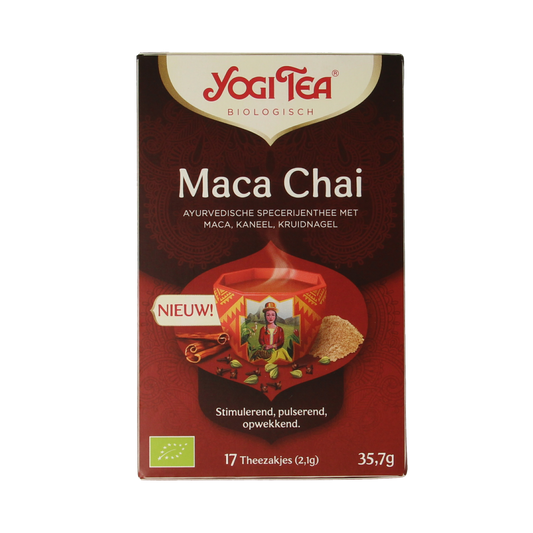 Yogi Tea Maca Chai bio tea bags, organic herbal tea with maca flavor, shown in a box with 17 tea sachets.