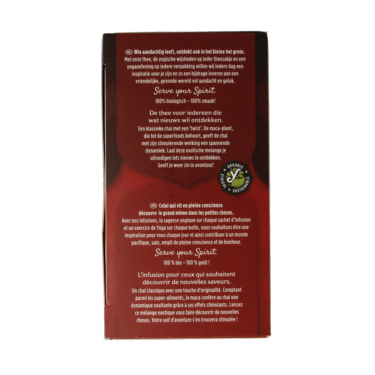 Yogi Tea Maca Chai organic tea bags, showing a box with 17 tea sachets and the product packaging.