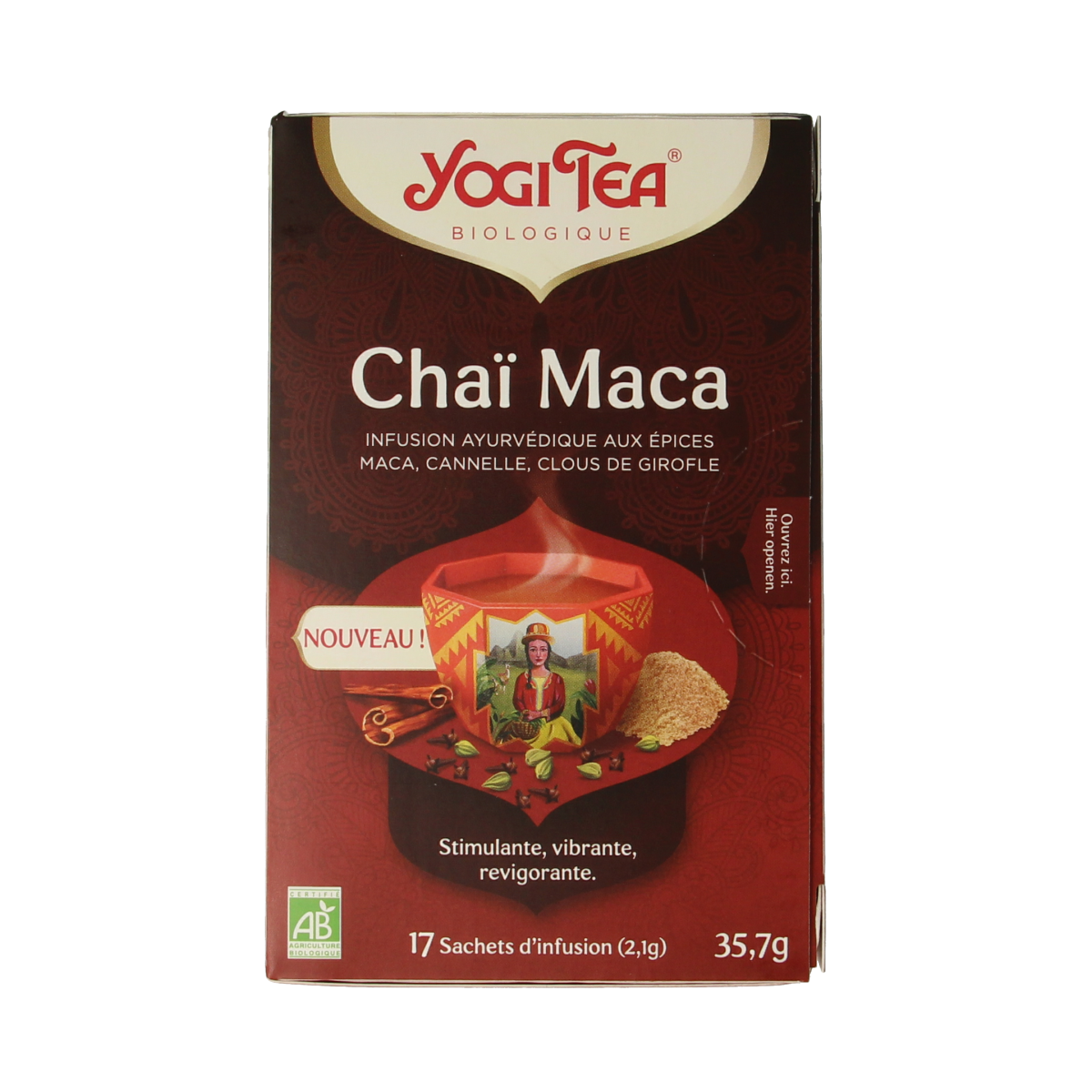Yogi Tea Maca Chai bio tea bags, featuring aromatic blend with maca root, in a colorful box, ready for brewing.