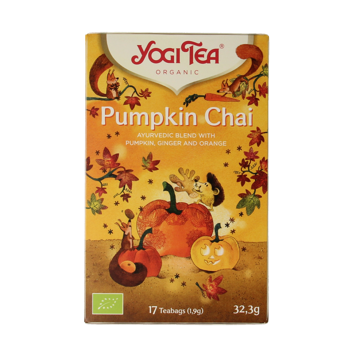 Organic Yogi Tea Pumpkin Chai with 17 tea bags, featuring a warm, spiced pumpkin and chai flavor in a colorful box.