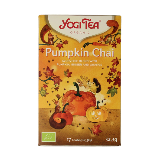 Organic Yogi Tea Pumpkin Chai with 17 tea bags, featuring a warm, spiced pumpkin and chai flavor in a colorful box.