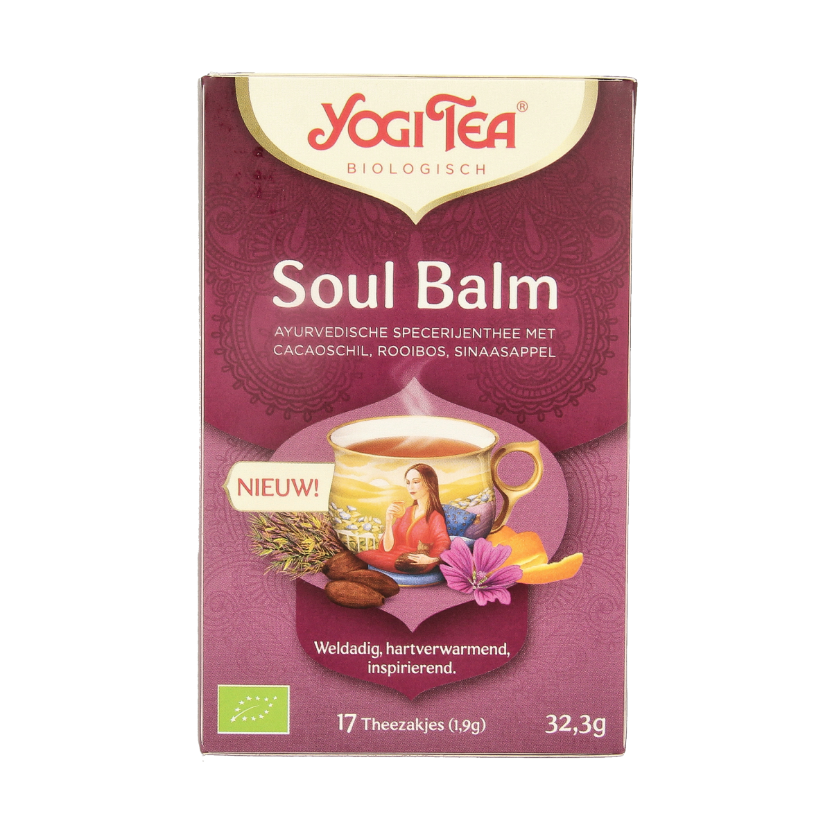 Yogi Tea Soul Balm bio, 17 herbal tea sachets, featuring organic ingredients in a colorful package.