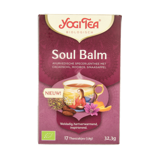 Yogi Tea Soul Balm bio, 17 herbal tea sachets, featuring organic ingredients in a colorful package.