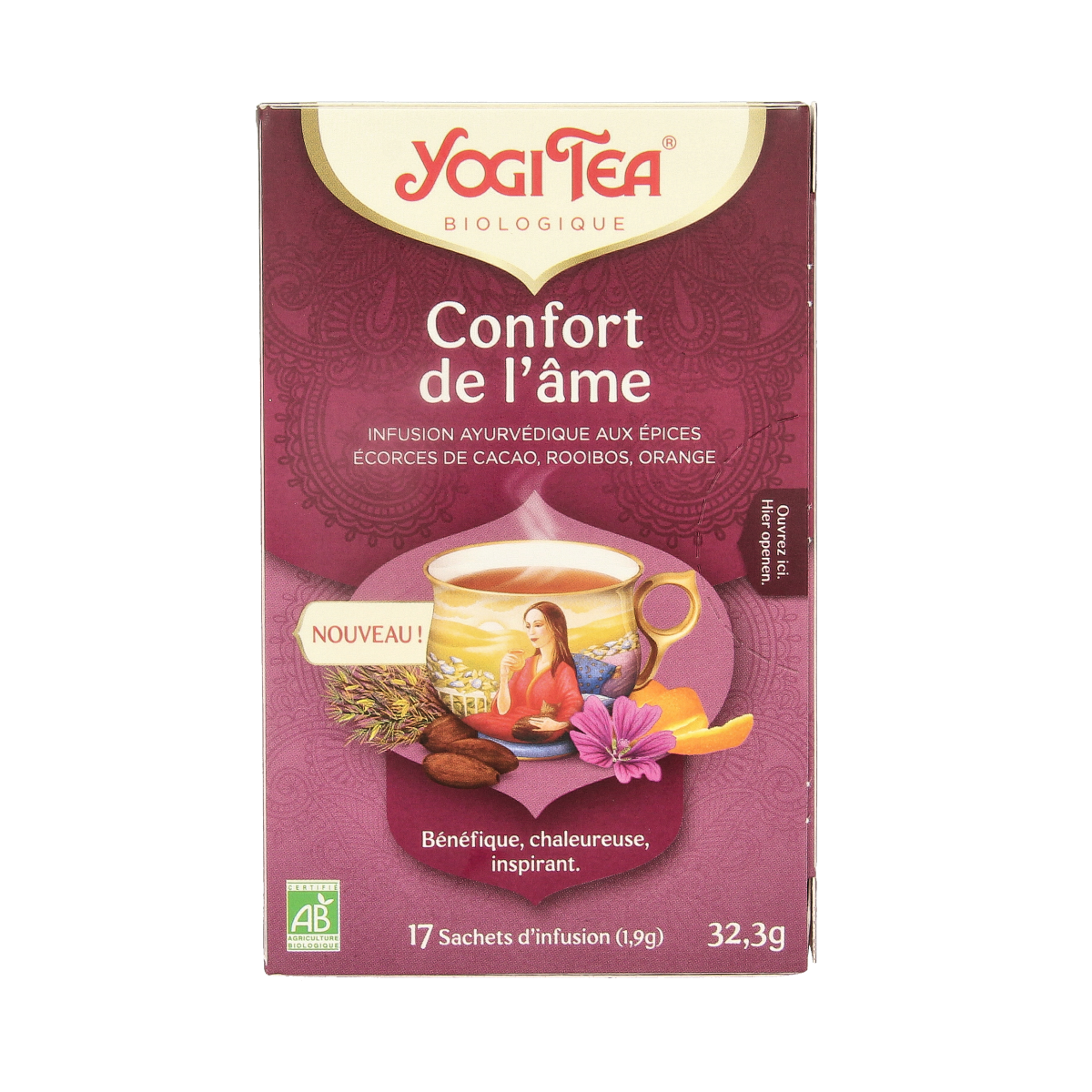 Yogi Tea Soul Balm bio tea bags, organic herbal tea in a box, featuring natural ingredients and calming packaging.