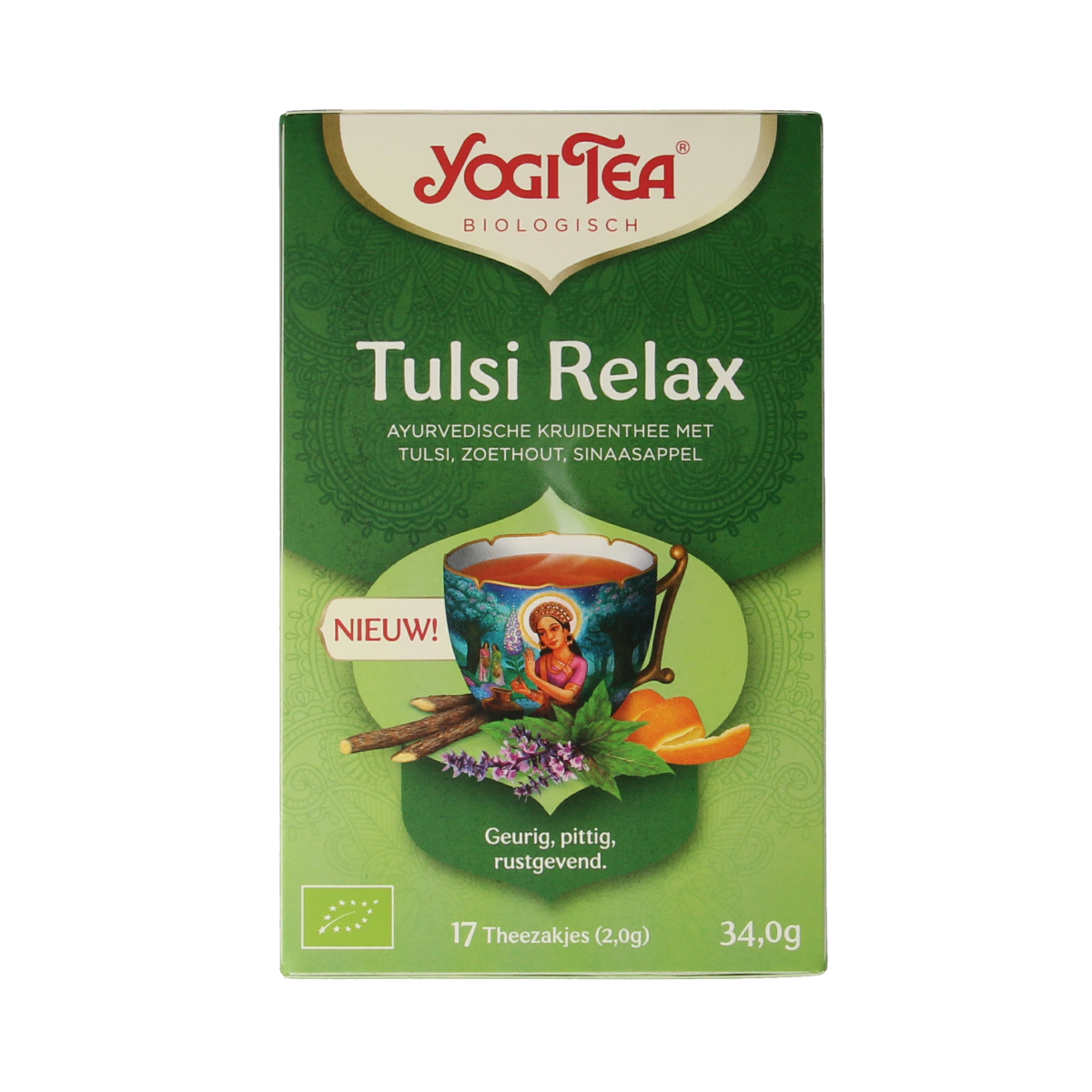 Organic Yogi Tea Tulsi Relax herbal tea bag, showcasing 17 bio tea sachets in a natural packaging design.