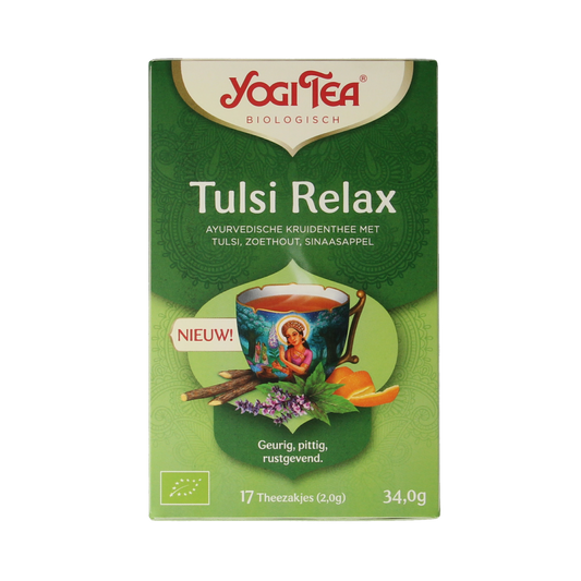Organic Yogi Tea Tulsi Relax herbal tea bag, showcasing 17 bio tea sachets in a natural packaging design.