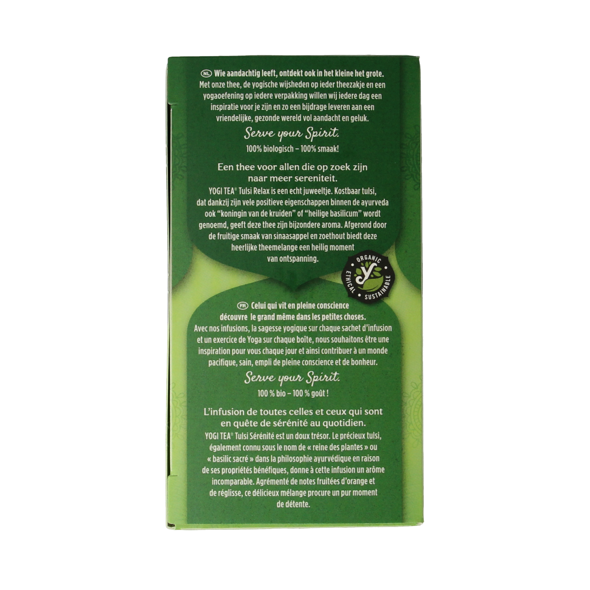 Yogi Tea Tulsi Relax herbal tea in a box with 17 tea bags, showcasing the packaging and tea bags inside.