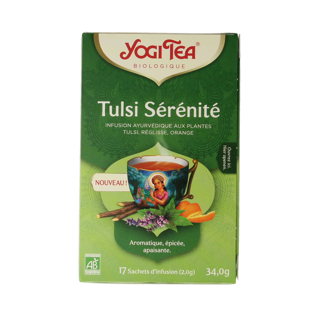 Yogi Tea Tulsi Relax herbal tea in a box with 17 tea bags, featuring natural Tulsi leaves and calming ingredients.