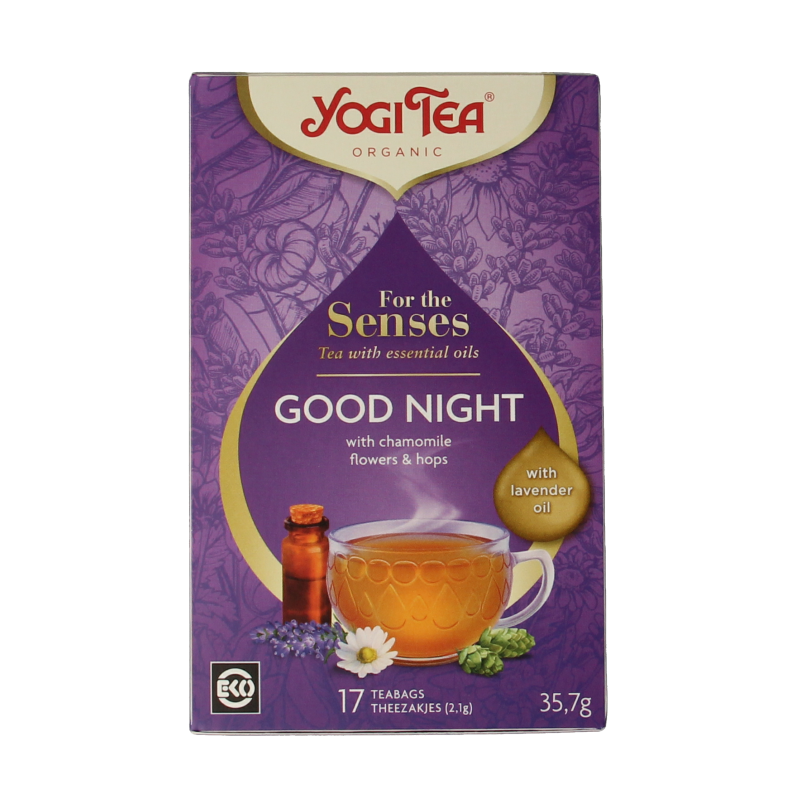 Yogi Tea Good Night bio tea bags for relaxation, featuring a calming herbal blend in a box of 17 tea sachets.