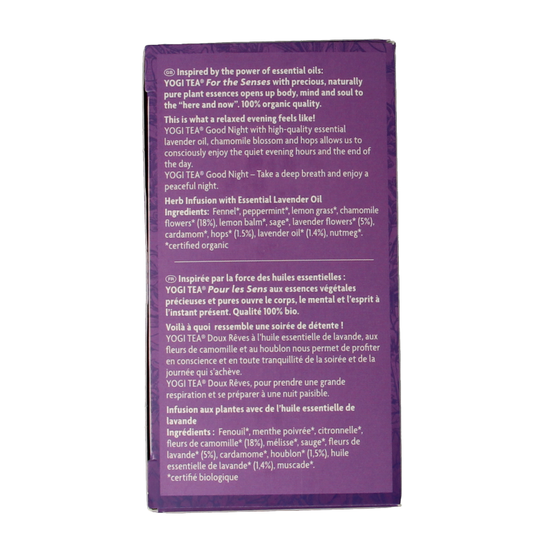 Yogi Tea for the Senses Good Night bio tea box with 17 herbal tea bags, featuring calming ingredients in a colorful package.