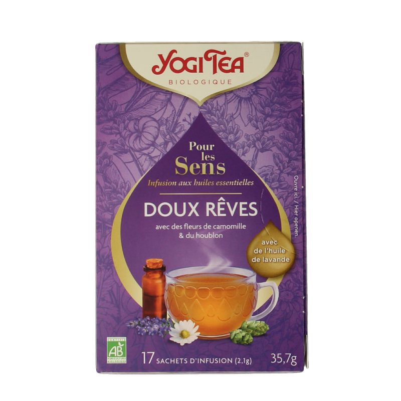 Yogi Tea for the Senses Good Night organic tea in a box with 17 sachets, featuring herbal ingredients for relaxation and sleep.