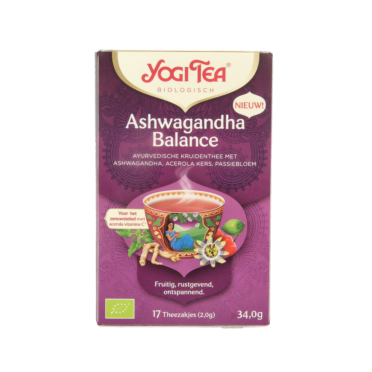 Yogi Tea Ashwagandha balance organic herbal tea bags, 17-count, featuring calming ashwagandha roots in a natural tea blend.
