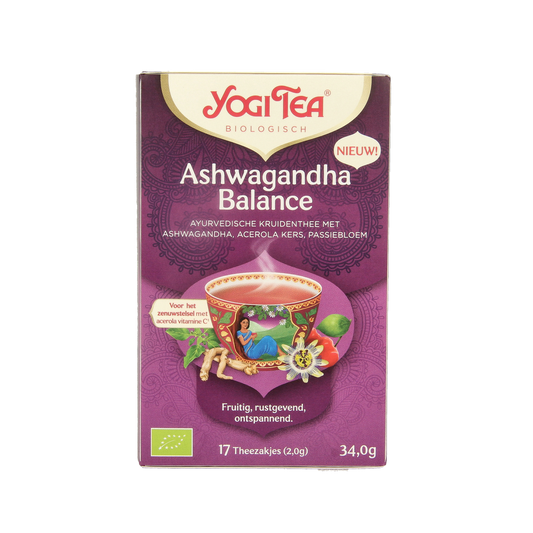 Yogi Tea Ashwagandha balance organic herbal tea bags, 17-count, featuring calming ashwagandha roots in a natural tea blend.
