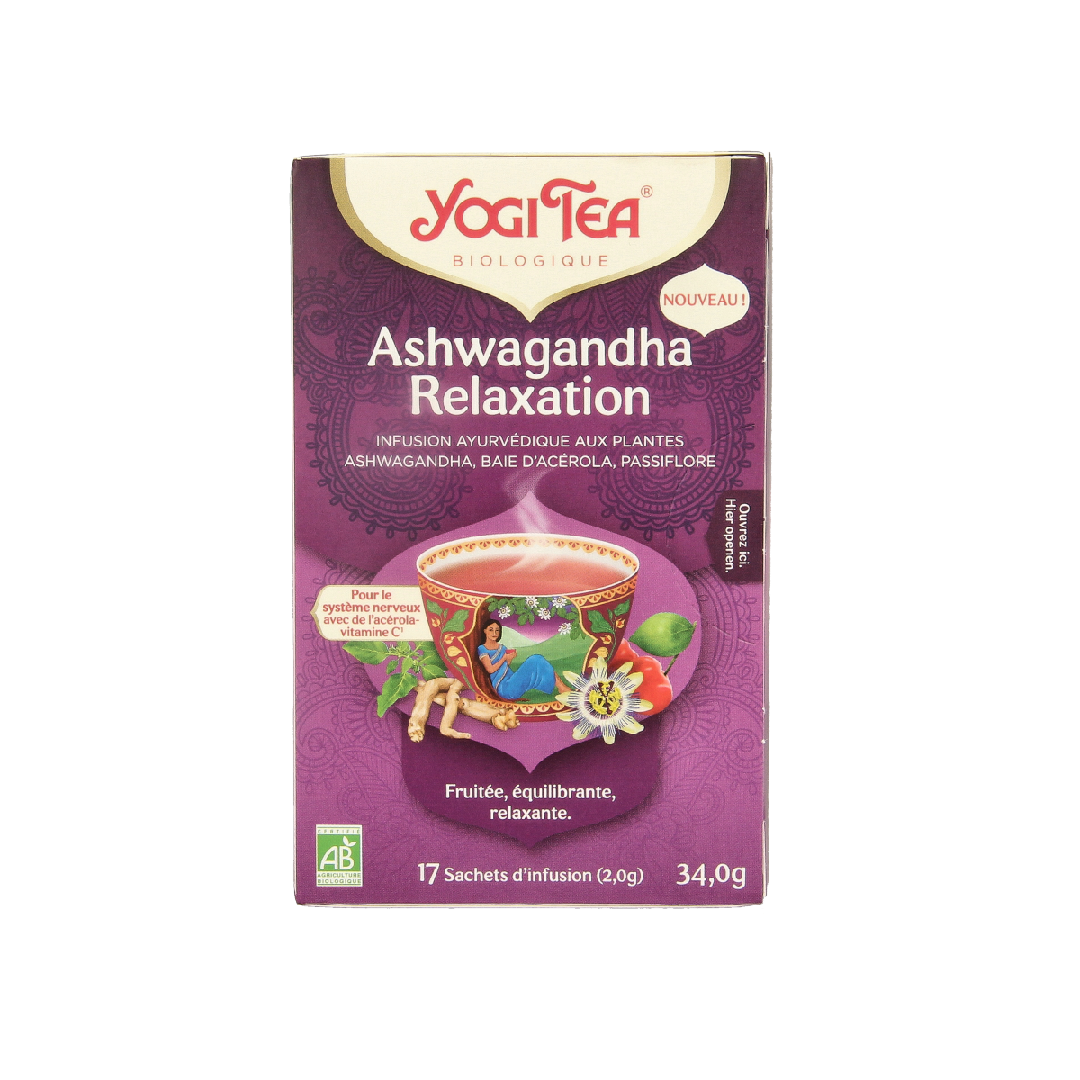 Yogi Tea Ashwagandha Balance organic tea bags, featuring herbal blend in a box with 17 tea sachets for calming and balancing effects.