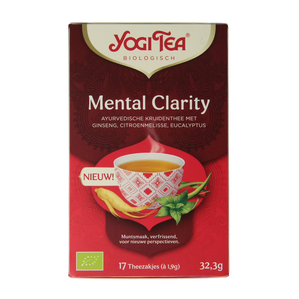 Yogi Tea Mental Clarity bio tea box with 17 tea bags, featuring herbal tea packaging with green and white design elements.