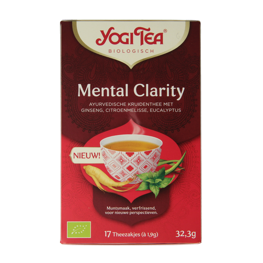 Yogi Tea Mental Clarity bio tea box with 17 tea bags, featuring herbal tea packaging with green and white design elements.