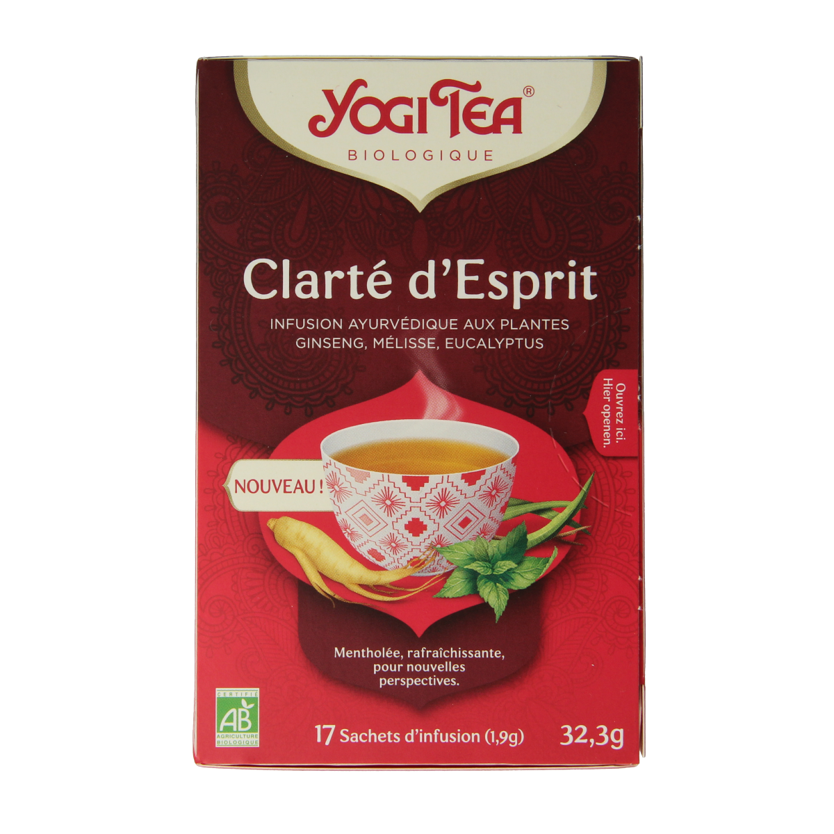 Yogi Tea Mental Clarity bio tea in 17 tea bags, featuring a box with herbal tea packaging and a tea cup on a wooden surface.