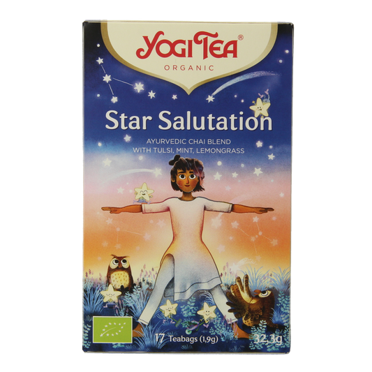 Yogi Tea Star Salutation bio tea packaging with 17 tea bags, natural herbal tea in a colorful box