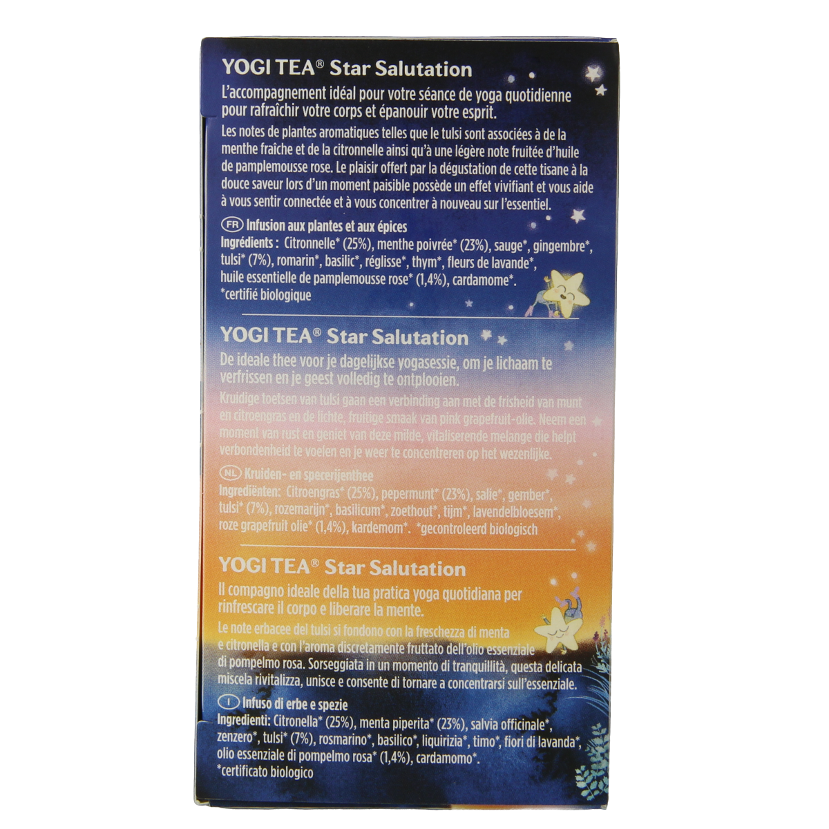 Yogi Tea Star Salutation organic tea box with 17 tea bags, featuring colorful star design on packaging.
