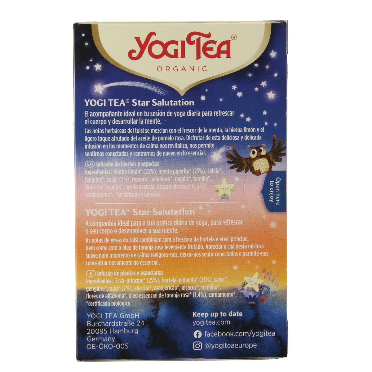 Yogi Tea Star Salutation bio tea box with 17 organic tea bags, featuring colorful star-themed packaging for wellness and relaxation.
