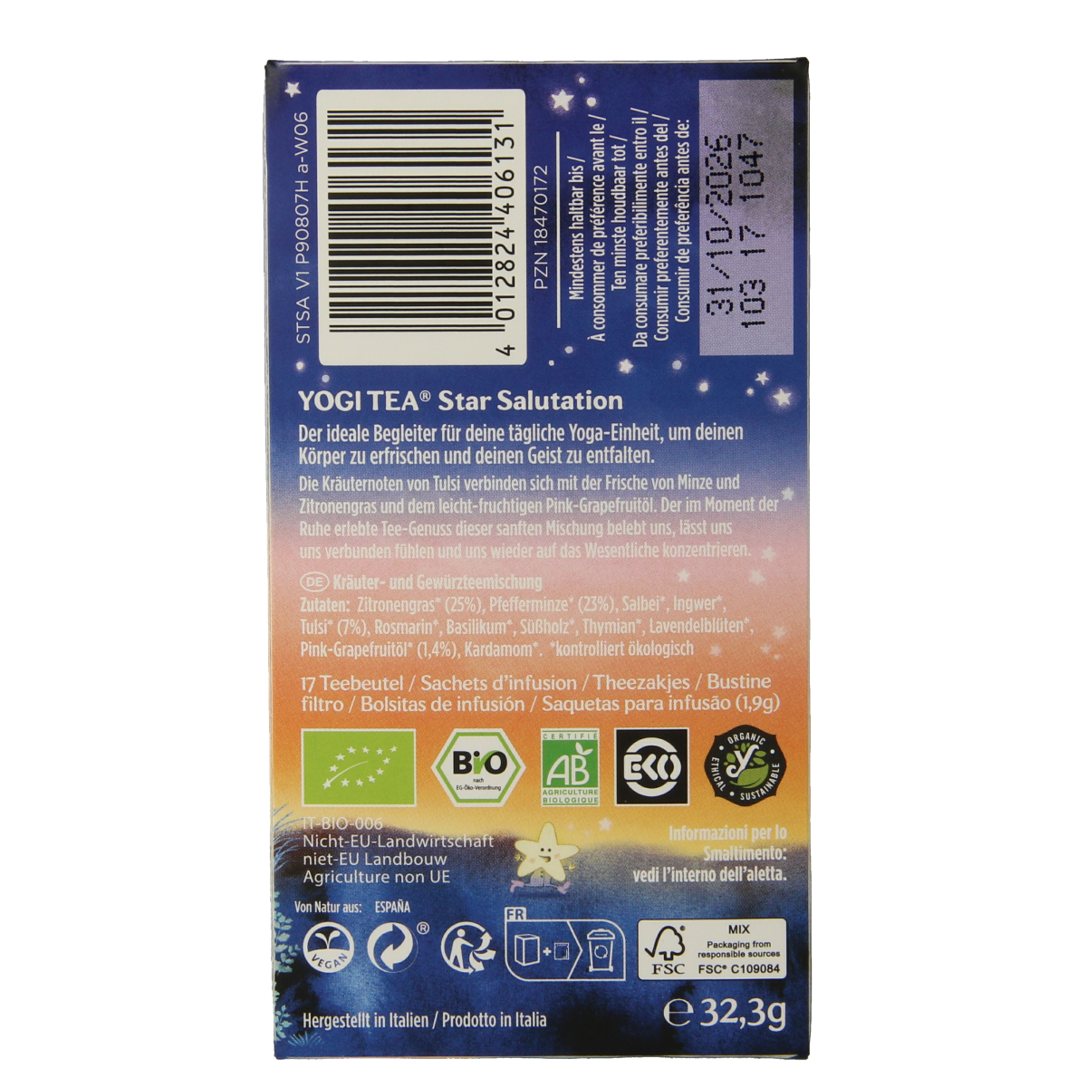Yogi Tea Star Salutation organic tea in 17 tea bags, featuring a bright package with a star design and traditional herbal ingredients.