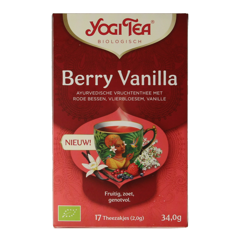 Yogi Tea Berry Vanilla bio tea in a box with 17 sachets, featuring berry and vanilla flavors in a natural organic blend