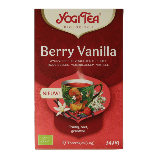 Yogi Tea Berry Vanilla bio tea in a box with 17 sachets, featuring berry and vanilla flavors in a natural organic blend