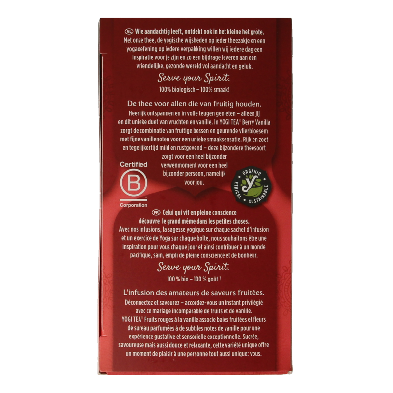 Yogi Tea Berry Vanilla bio with 17 tea bags, featuring a box of herbal tea with berry and vanilla flavors on the package