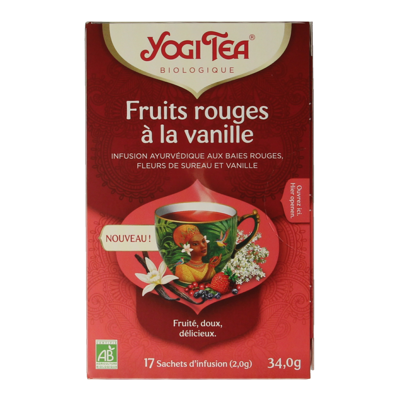 Yogi Tea Berry Vanilla bio tea bag pack featuring 17 tea bags with berry and vanilla flavor in eco-friendly packaging.