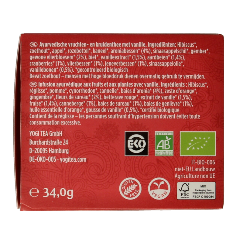 Yogi Tea Berry Vanilla bio with 17 tea bags, featuring a colorful box of herbal tea with berries and vanilla flavor.