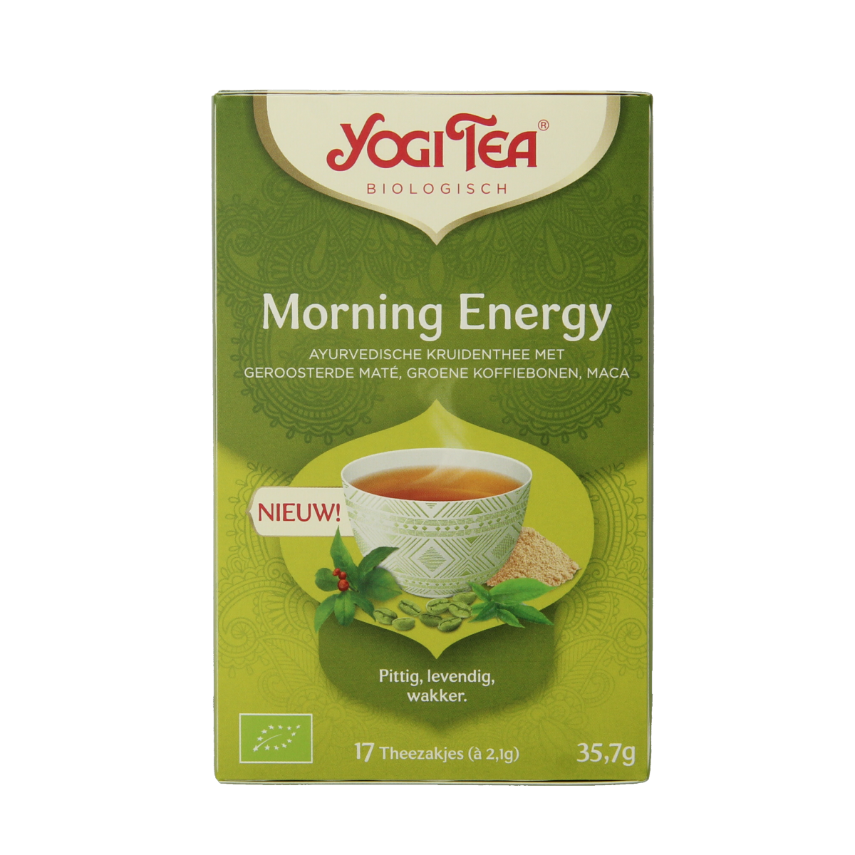 Yogi Tea Morning Energy bio tea bags, natural herbal tea blend for energy, displayed in a box with tea bags and packaging.