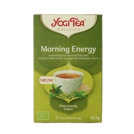 Yogi Tea Morning Energy bio tea bags, natural herbal tea blend for energy, displayed in a box with tea bags and packaging.