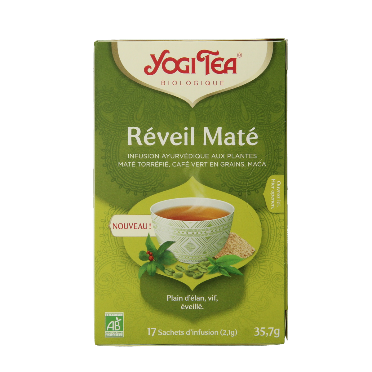 Yogi Tea Morning Energy organic tea bags, with fresh herbal ingredients, in a box of 17 biodegradable sachets.