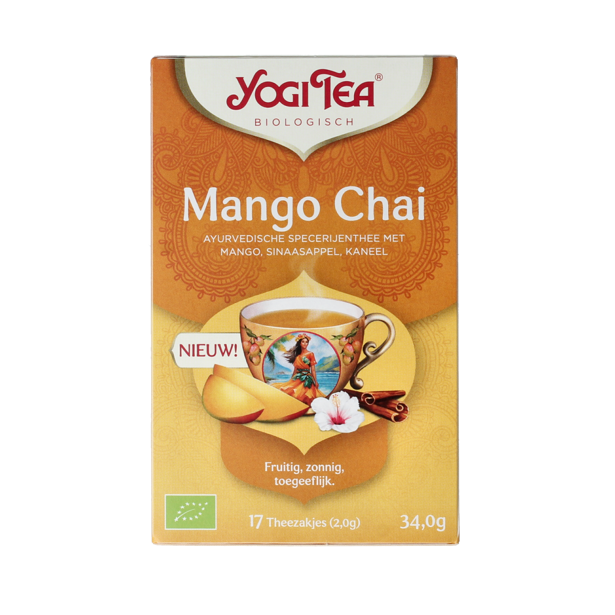 Yogi Tea Mango Chai bio tea bags, 17.00 count, showing a box of organic mango chai tea with tea bags inside.