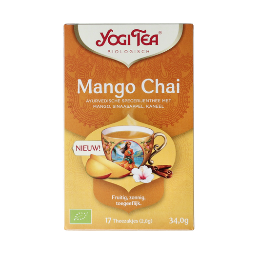Yogi Tea Mango Chai bio tea bags, 17.00 count, showing a box of organic mango chai tea with tea bags inside.