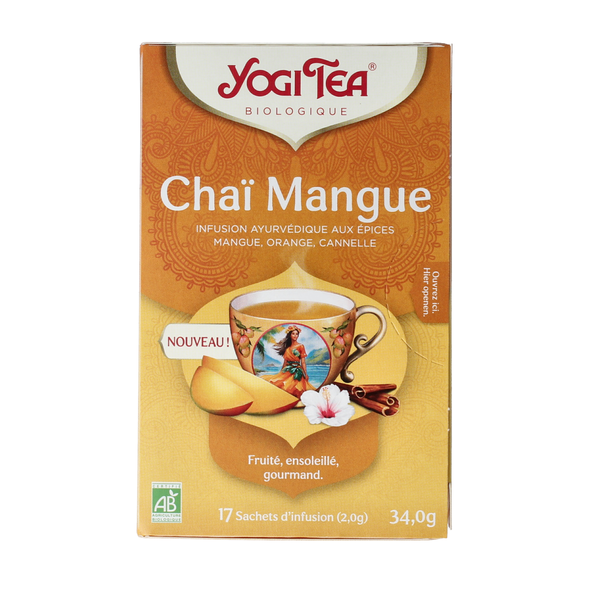 Yogi Tea Mango Chai bio box with 17 tea bags, featuring a vibrant mango chai flavor and natural organic ingredients.