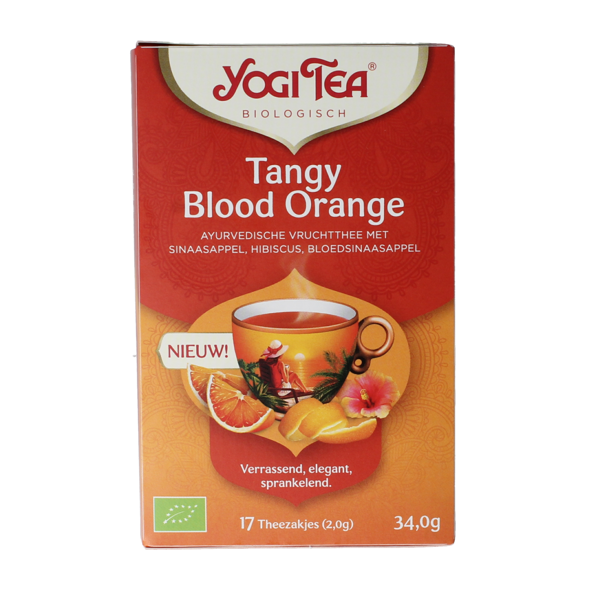 Yogi Tea Tangy Blood Orange organic tea bags, 17 count, with vibrant orange slices and tea leaves in a natural setting