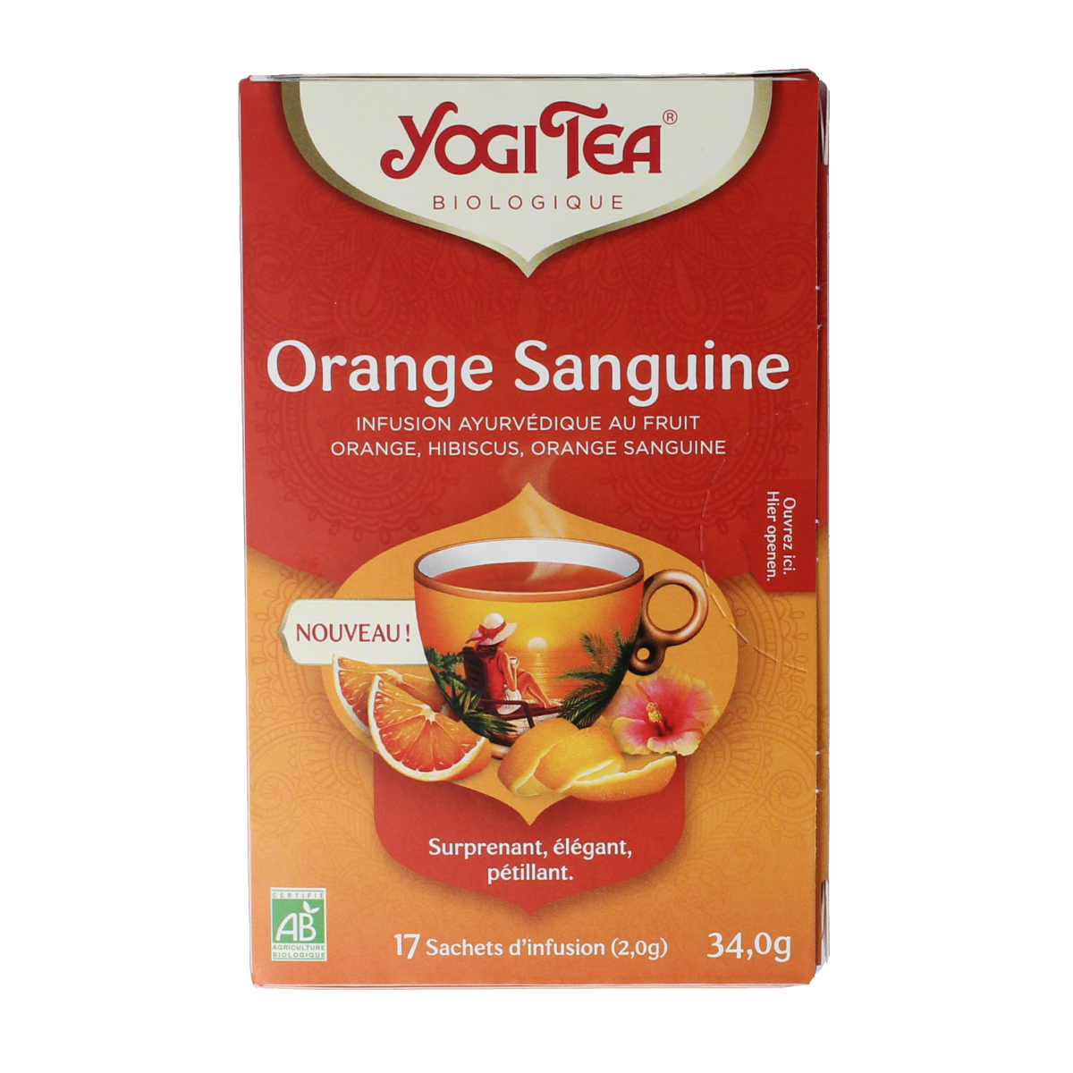 Yogi Tea tangy blood orange organic tea box with 17 tea bags, featuring fresh orange flavor and natural ingredients.